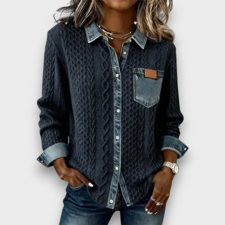 Ambria – Patchwork Knit Top with Denim Details